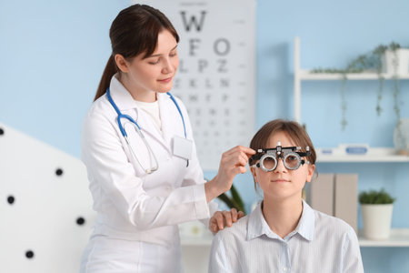Female ophthalmologist putting trial frame on patient in clinic