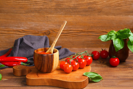 Bowl of tomato sauce with basil and chili peppers on wooden backgroundの写真素材