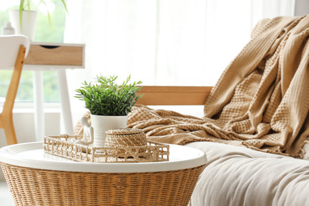 Round table with houseplant and case in wicker tray in interior of living roomの写真素材