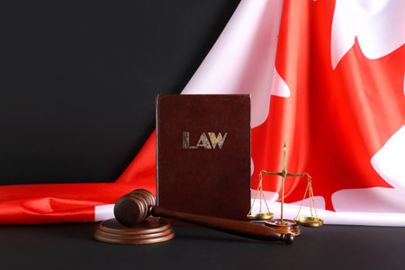 Judge's gavel, Law book, scales and Canadian flag on dark backgroundの写真素材