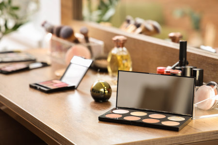 Makeup products on table in dressing room, closeupの写真素材