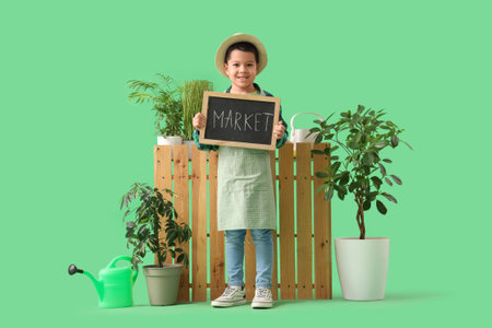 Cute little Asian boy holding blackboard with word MARKET and houseplants on green backgroundの写真素材