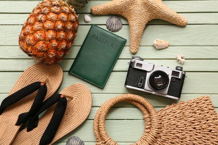 Composition with passport, beach accessories, photo camera and pineapple on color wooden backgroundの写真素材