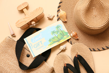 Composition with stylish beach accessories, travel gift voucher and seashells on color backgroundの写真素材