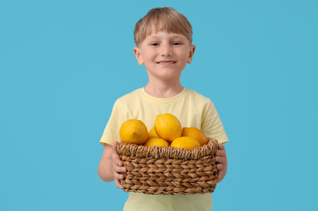 Cute little boy with basket of lemons on blue backgroundの写真素材