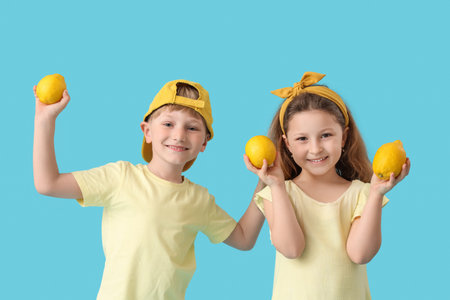 Cute children with lemons on blue backgroundの写真素材