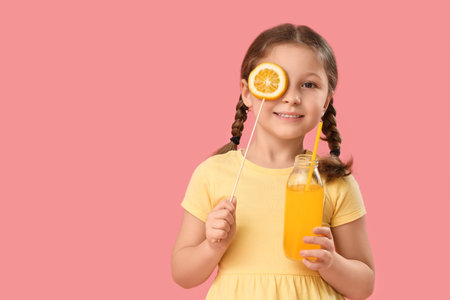 Cute little girl with lemon slice and bottle of lemonade on pink backgroundの写真素材