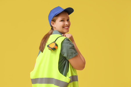 Young female carpenter with measuring tape on yellow background. Labor Day celebration