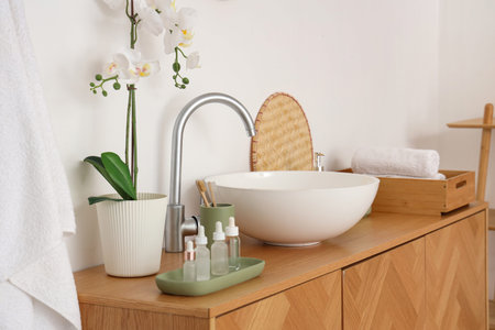 Sink, chest of drawers and houseplant in stylish bathroom