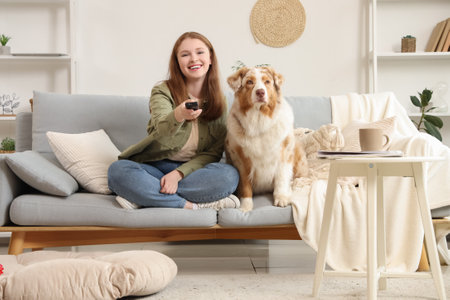 Young woman with cute Australian Shepherd dog watching TV at homeの写真素材