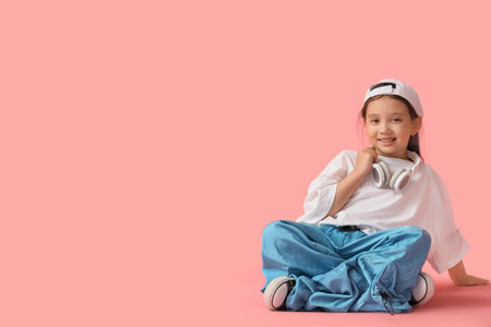 Cool little Asian girl in adult clothes sitting on pink backgroundの写真素材