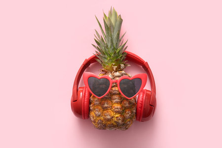 Fresh pineapple with sunglasses and headphones on pink backgroundの写真素材