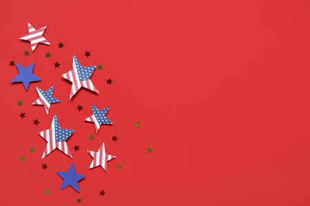 Stars with USA flags on red background. American Independence Day celebration