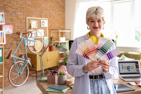 Female graphic designer with color palettes in officeの写真素材