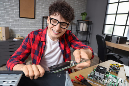 Male technician repairing PC unit at table in service centerの写真素材