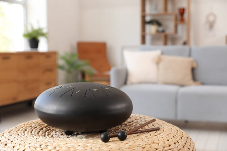 Glucophone with sticks on pouf in living room, closeup