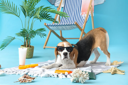 Cute Beagle dog lying on plaid with sunscreen cream near deck chair with beach accessories on blue backgroundの写真素材