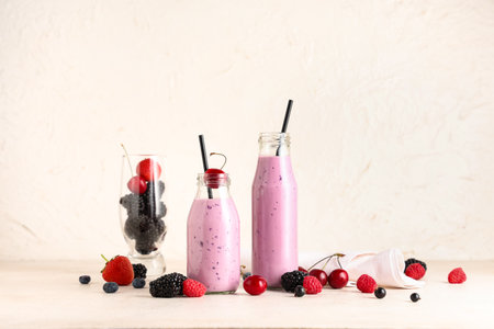 Bottles of fresh smoothie with different berries on white backgroundの写真素材