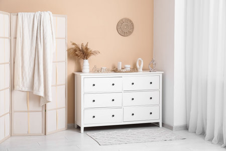 White chest of drawers with vase of pampas grass and folding screen near beige wall in room