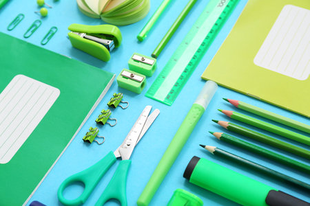 Composition with different stationery on blue background, closeupの写真素材