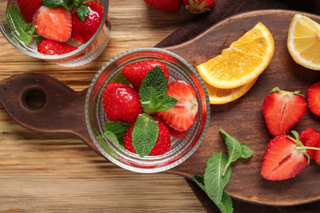 Glass of infused water with strawberries and mint on wooden backgroundの写真素材
