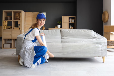 Female worker wrapping couch with stretch film in roomの写真素材