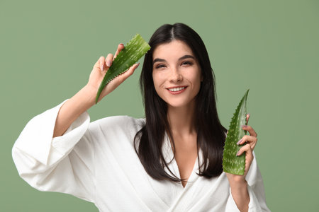 Beautiful young woman with aloe vera on green backgroundの写真素材