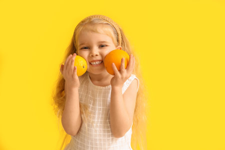 Adorable little girl with orange and lemon on yellow backgroundの写真素材