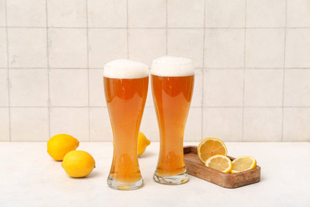 Glasses of fresh beer and wooden board with lemons on white table