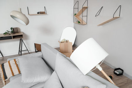 Interior of messy living room with sofa, shelves and broken mirrorの写真素材