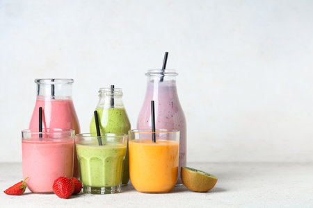 Glasses and bottles of different fresh smoothie with strawberries and kiwi on white backgroundの写真素材