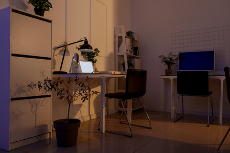 Interior of dark office with desks, shelf units and plantsの写真素材