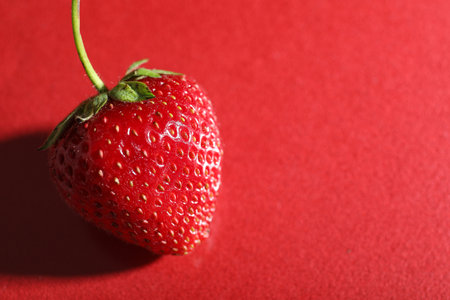 Closeup view of fresh strawberry on red backgroundの写真素材