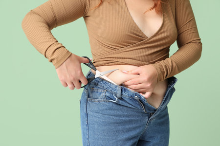 Overweight woman in tight jeans with scissors on green background. Weight loss conceptの写真素材