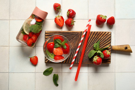 Sports bottle and glass of infused water with strawberries and mint on white tile backgroundの写真素材