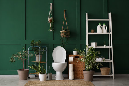 Toilet bowl, laundry basket, houseplants and shelving unit in restroomの写真素材