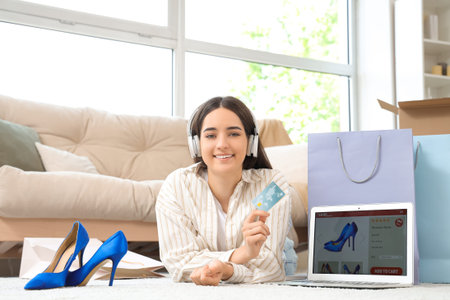 Young woman in headphones with credit card and laptop shopping online at homeの写真素材
