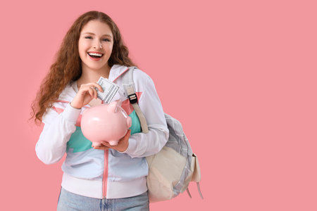 Happy female student with backpack, piggy bank and money on pink backgroundの写真素材