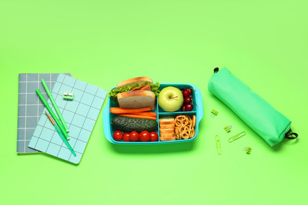 School supplies, lunch box with apple and sandwich on green background. Top viewの写真素材
