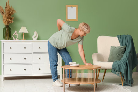 Mature woman suffering from back pain while leaning on coffee table in living roomの写真素材