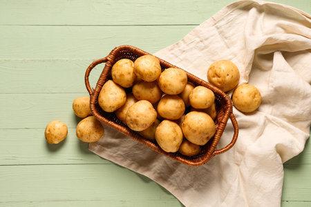 Wicker basket with raw potatoes on green wooden backgroundの写真素材