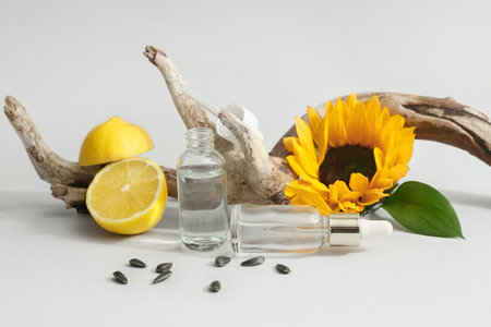 Composition with bottles of essential oil, lemons, sunflower and tree branch on light backgroundの写真素材