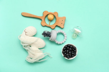 Composition with baby nibbler, black currant and accessories on color background