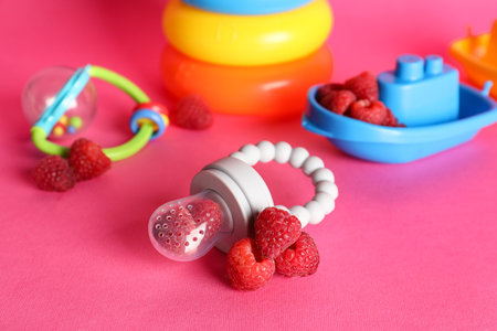 Baby nibbler with raspberry and toys on color background