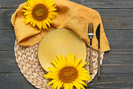 Beautiful table setting with sunflowers on black wooden backgroundの写真素材