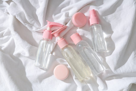 Set of travel cosmetic products on light fabric background