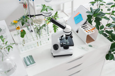 Microscope and test tubes with plants on shelf in Biology classroomの写真素材