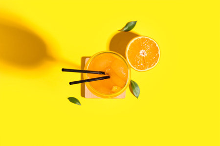 Glass of spritz cocktail on yellow background