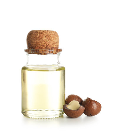 Bottle of macadamia oil on white backgroundの写真素材