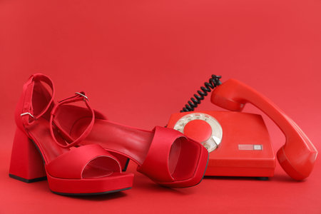 Stylish female shoes and vintage telephone on red backgroundの写真素材